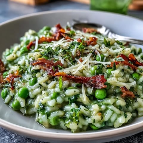Creamy spring pea risotto with fresh mint, Parmesan, and bright lemon zest in a comforting bowl.