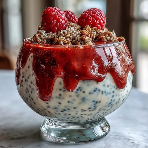 Layered lemon chia pudding parfait with crunchy granola and tangy raspberry compote, a refreshing breakfast or dessert option.