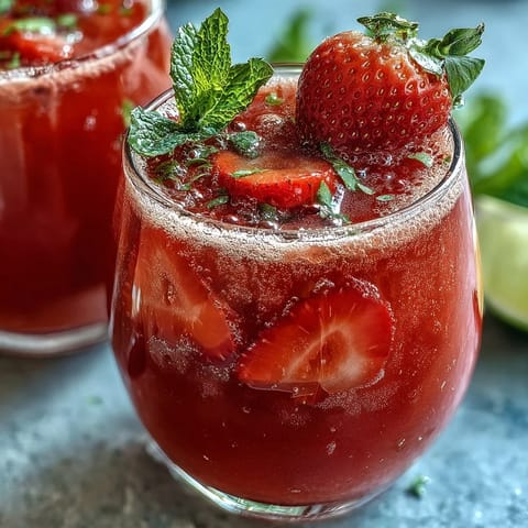 A vibrant glass of strawberry agua fresca with fresh fruit and mint garnish on a rustic wooden table.