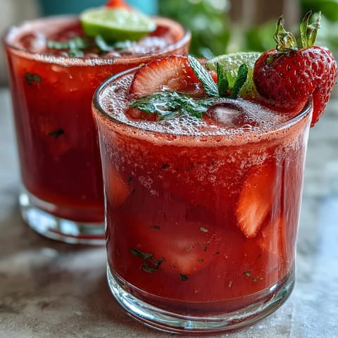 Refreshing strawberry agua fresca served over ice with lime slices, perfect for a sunny summer afternoon.