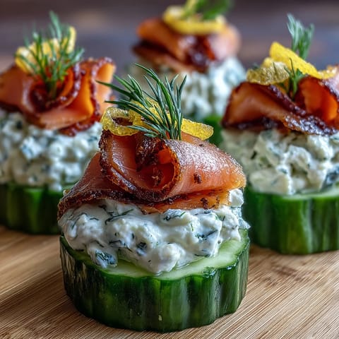 Smoked Salmon Cucumber Bites: Fresh cucumber slices topped with herbed cream cheese and smoked salmon for a light, elegant appetizer.  