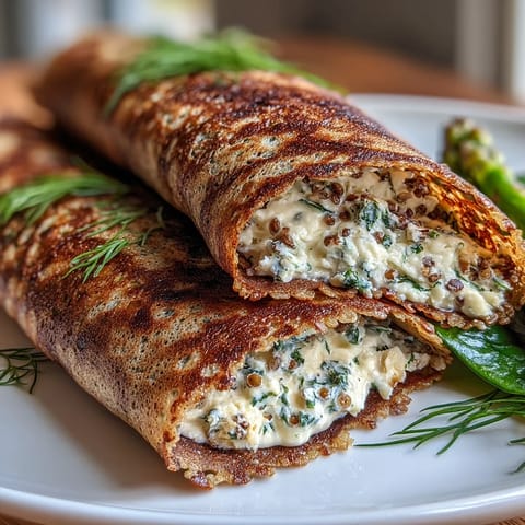 Savory buckwheat crepes filled with fresh spring vegetables and creamy herbed cheese, ready for an elegant brunch.