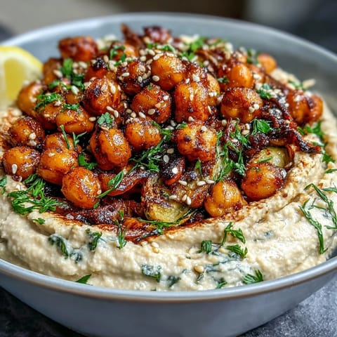 Crispy chickpea bowls with spiced roasted chickpeas, creamy hummus, and colorful grilled vegetables.  