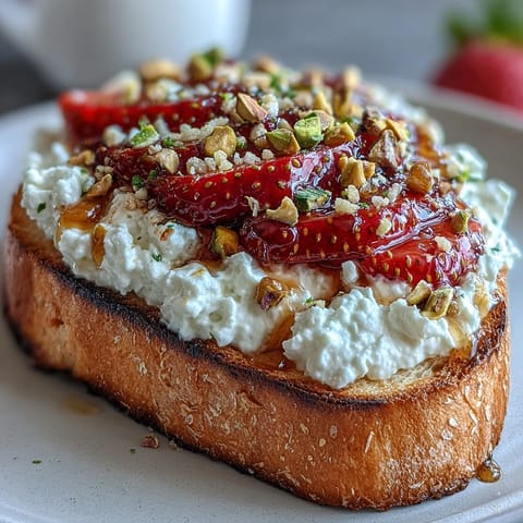 Close-up of Strawberry Honey Ricotta Toast with Pistachios, a sweet breakfast delight.