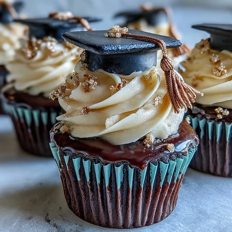 Decadent Graduation Cupcakes topped with fluffy buttercream, ready for celebration.