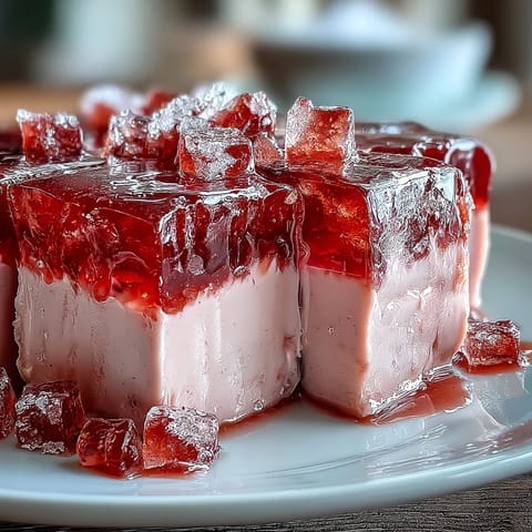 Admire this gorgeous Strawberry Rose Gelatin Mosaic Cake, glowing with cubed fruit.