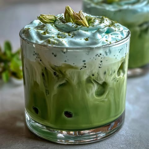 Iced Matcha Latte with Vanilla Cold Foam, emerald green and creamy white topped drink glistening.