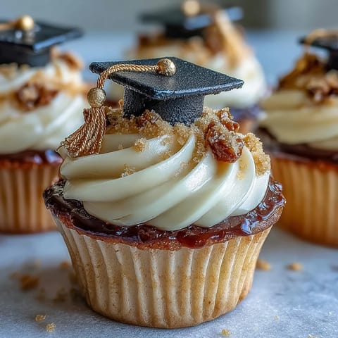 Festive vanilla Graduation Cupcakes with edible black and gold fondant caps.