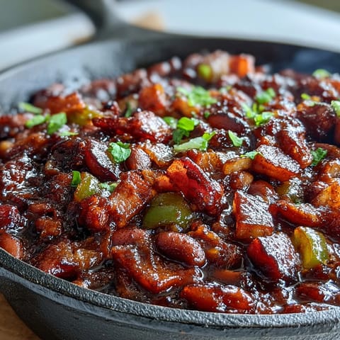 Hearty Juneteenth BBQ baked beans with bacon and molasses, bubbling hot.