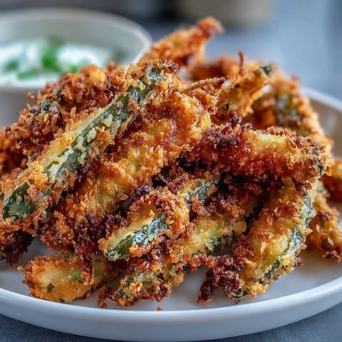 Golden brown pickle fries, ready for dipping in zesty homemade spicy mayo.