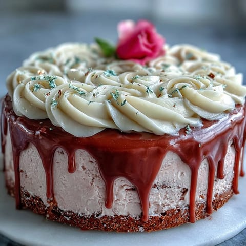 Ethereal Bridal Shower Rosé Velvet Cake with shimmering gold drip.
