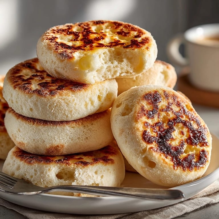 Crisp, craggy exterior of homemade sourdough English muffins, perfect for a satisfying breakfast.