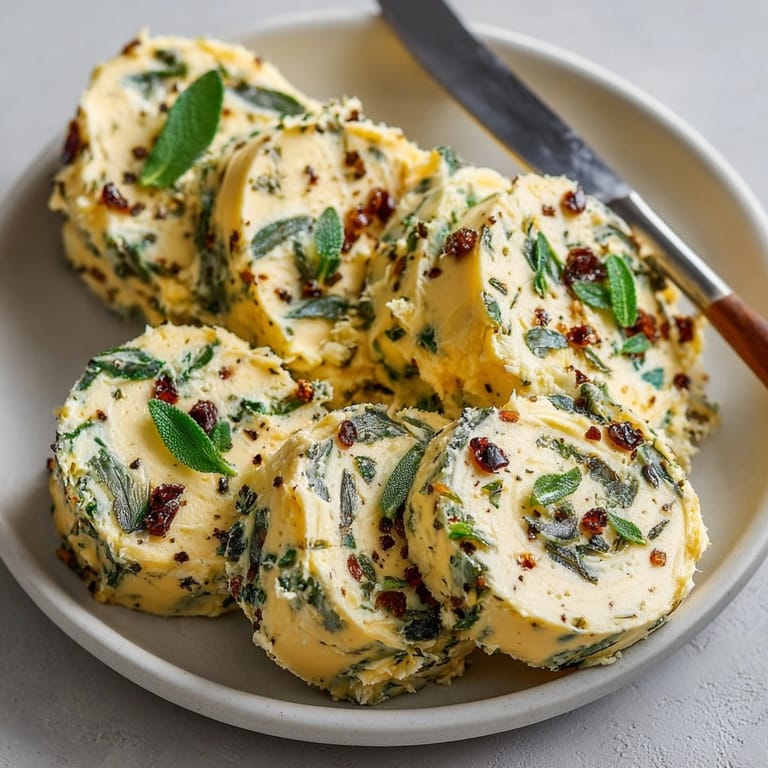 Golden Brown Butter Sage Compound Butter, swirled artfully, perfect to top hot crusty bread.