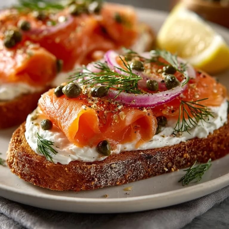 Golden toasted bread topped with creamy dill cheese and flavorful Smoked Salmon Toast slices.