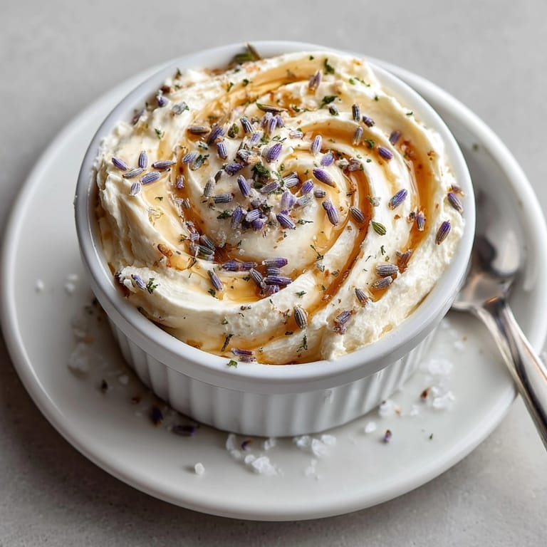Close-up of the floral-infused whipped honey butter with lavender, ready to be enjoyed with crusty bread.