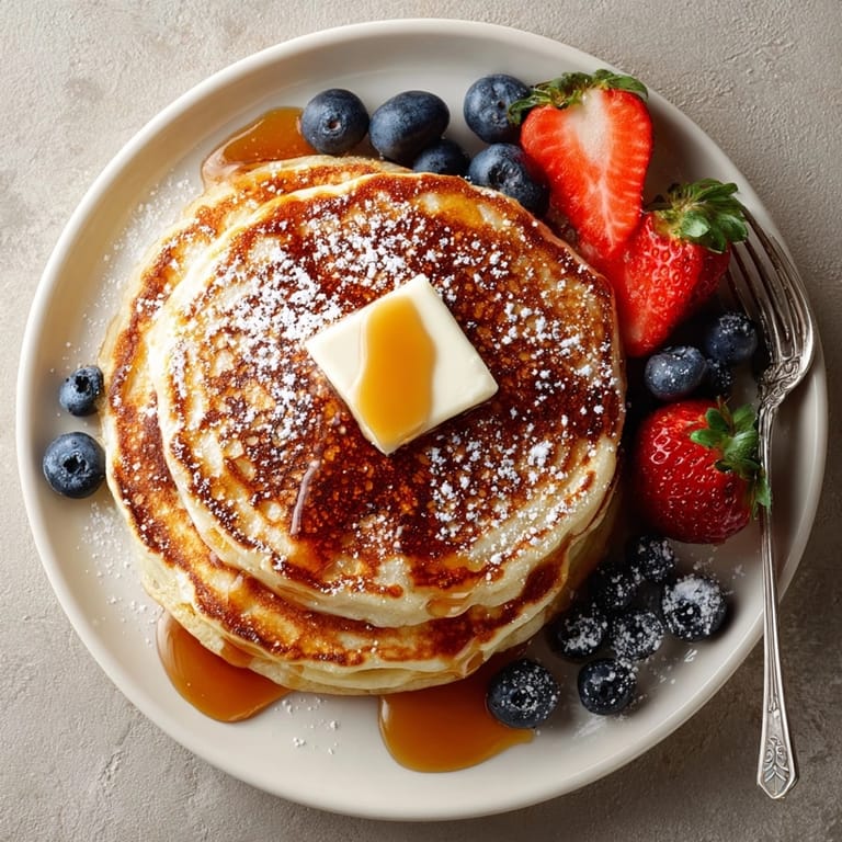 Close-up of a plate of hot Classic Buttermilk Pancakes offering a light texture and delicious aroma.