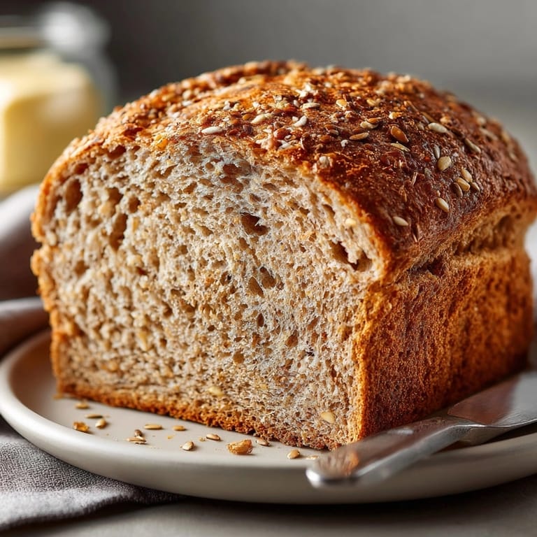 A beautifully sliced loaf of multigrain sandwich bread, showing the rustic texture and whole grains.