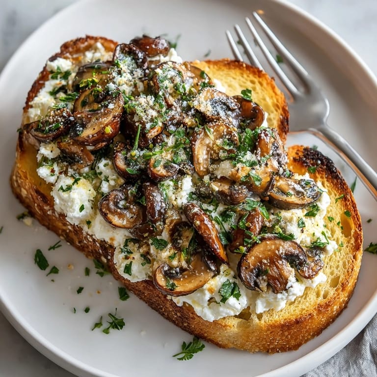 Freshly made Mushroom Ricotta Toast, a vegetarian appetizer drizzled with fragrant truffle oil.