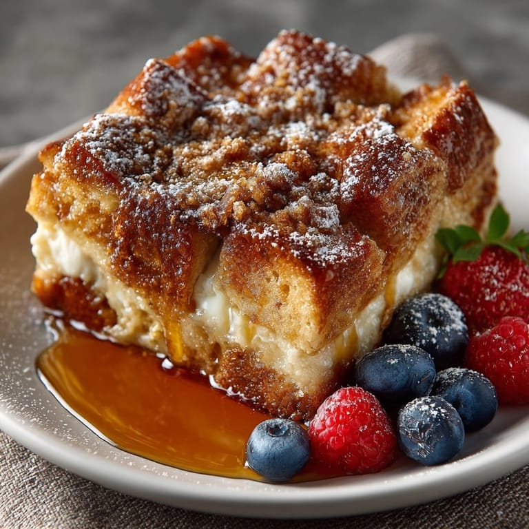 This Overnight French Toast Casserole shows baked bread with a crispy crust, perfect for brunch or a holiday.