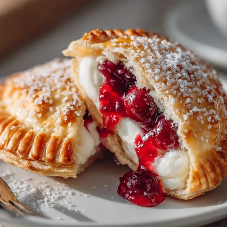 Picture warm, freshly baked Cherry Cheese Empanada Puffs with cherry filling and golden pastry, ready to eat.