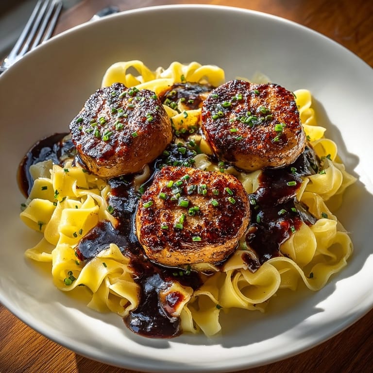 Golden-brown seared foie gras atop creamy tagliatelle in a decadent port wine reduction pasta.