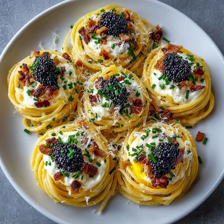 Golden pasta swirled with creamy sauce, finished with luxurious caviar in Caviar Carbonara.