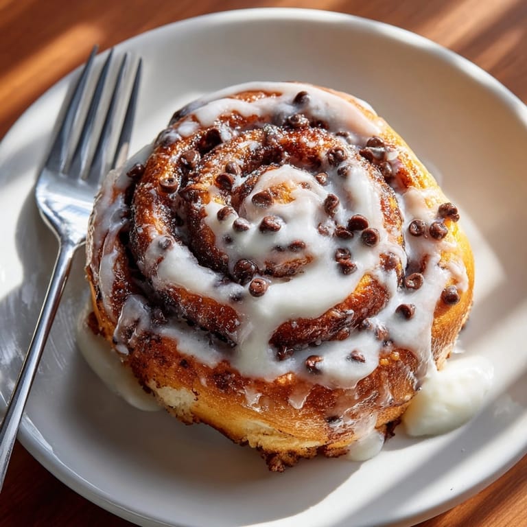 Closeup of gooey chocolate cinnamon rolls with cinnamon-sugar swirls and sweet glaze drizzled on top.