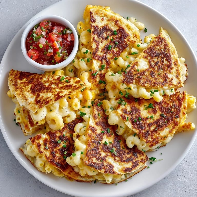 Close-up of melty mac and cheese quesadillas, buttery tortillas, and creamy cheddar oozing from inside.