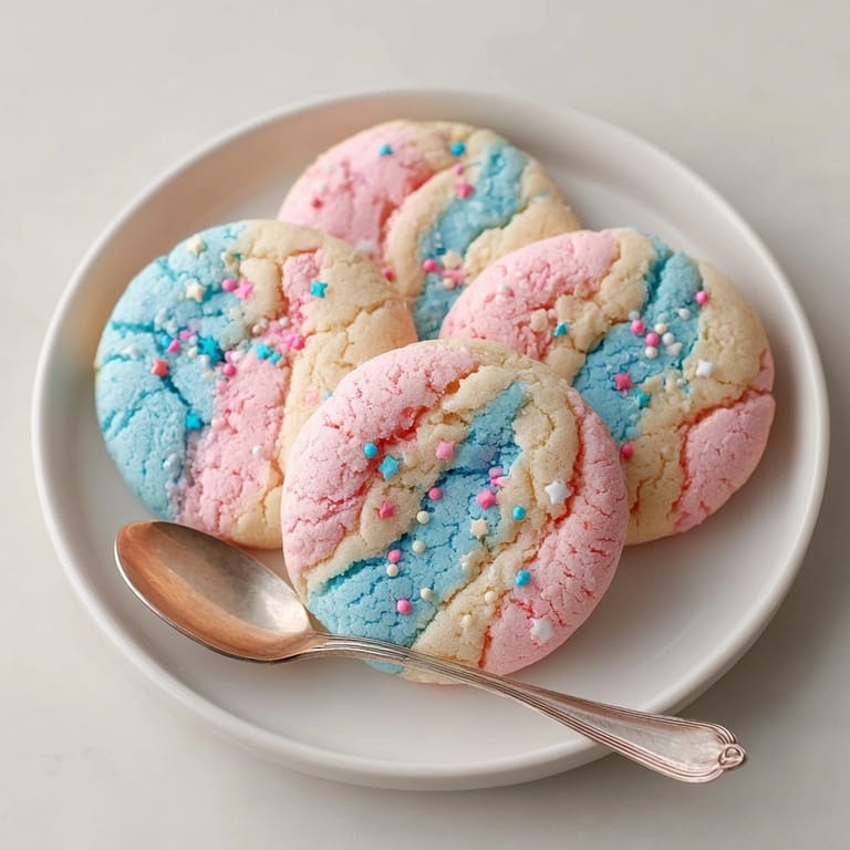 Freshly baked Cotton Candy Cookies with pink and blue sprinkles, cooling on a wire rack