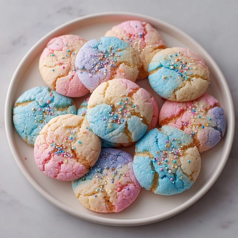 Close-up of fluffy Cotton Candy Cookies with colorful swirls and a delicate sugar glaze