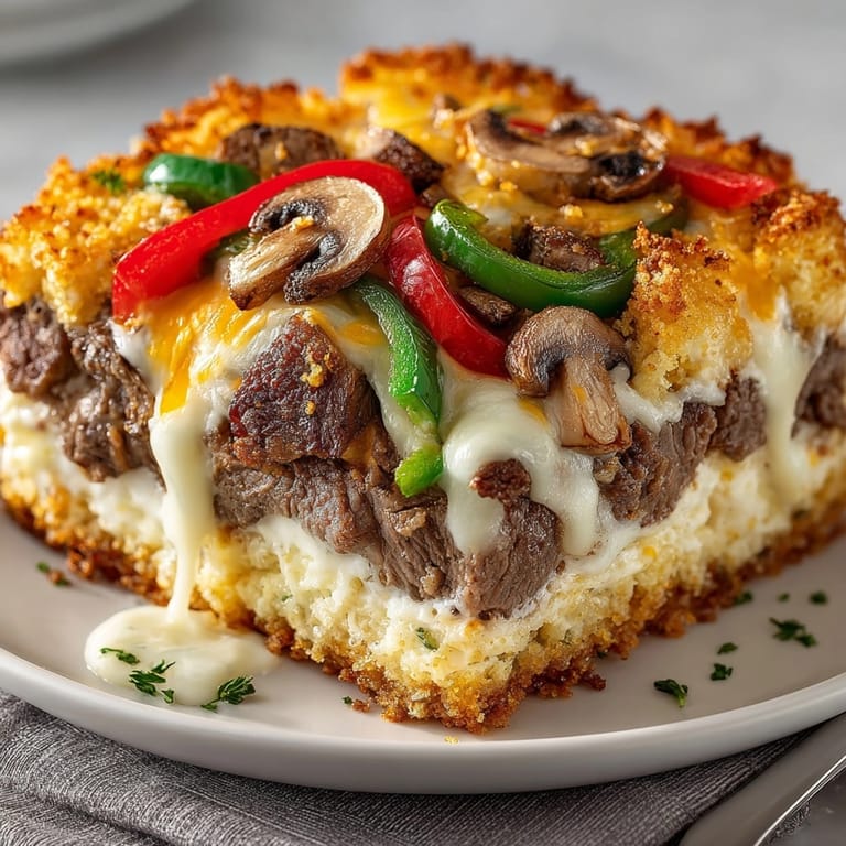 Sliced Philly Cheese Steak Casserole showing tender steak, saut&eacute;ed peppers, and creamy melted cheese layers.