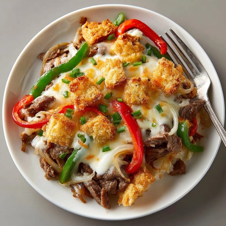 Philly Cheese Steak Casserole served hot in a baking dish, crispy breadcrumb topping and steam rising.