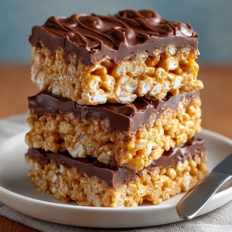 Puffy, crunchy, and rich: overhead view of homemade peanut butter chocolate puffed rice treats.