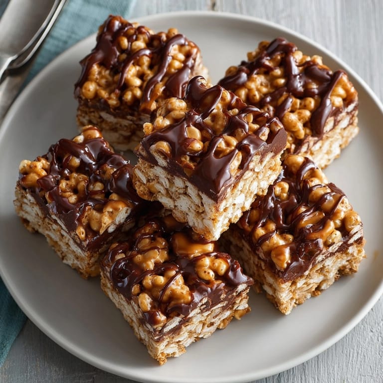 Easy no-bake peanut butter chocolate puffed rice treats recipe, chilled and cut into squares.