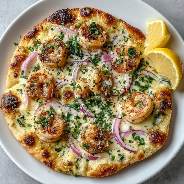 Imagine this fusion: buttery Shrimp Alfredo Garlic Naan Pizza baking, bubbly and irresistibly fragrant.