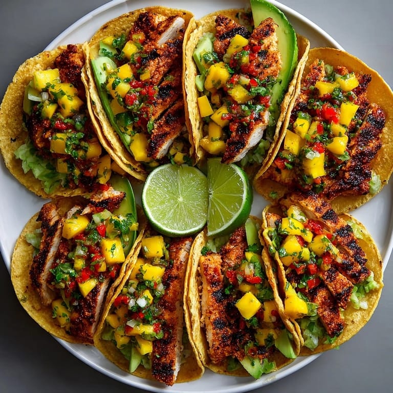 Close-up of Mango Salsa Chicken Tacos showcasing sweet mango chunks and tender grilled chicken.