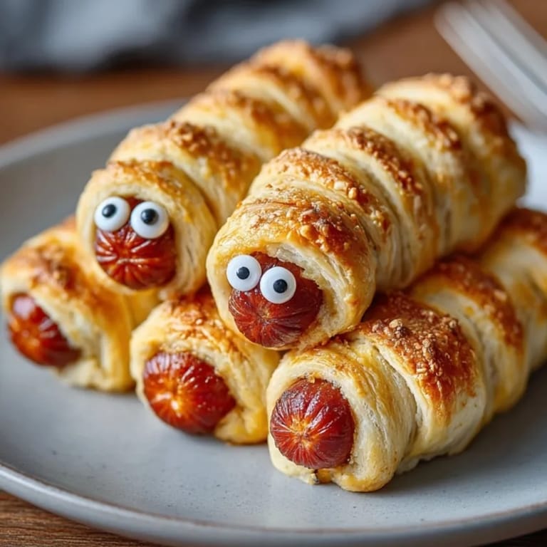 Homemade Mummy Crescent Hot Dogs, wrapped snugly and baked till pillowy, great Halloween snack.