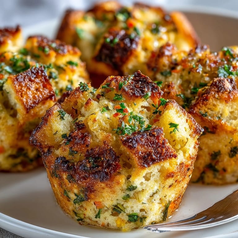 Individual Classic Buttery Herb Stuffing Muffins, baked until perfectly golden, a festive side dish.
