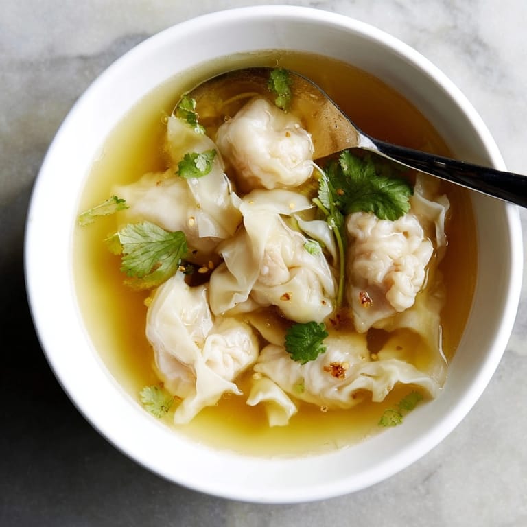 Delicious Wonton Soup ready to serve, glistening with sesame oil and chopped scallions.