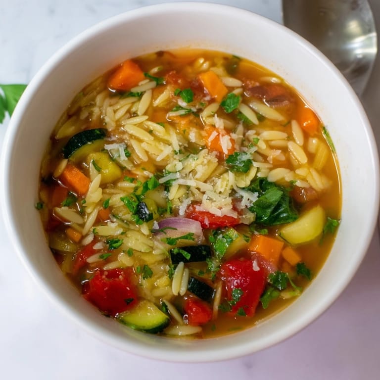 Vegetarian Vegetable Orzo Soup served in a rustic bowl, garnished appealingly; easy weeknight meal.