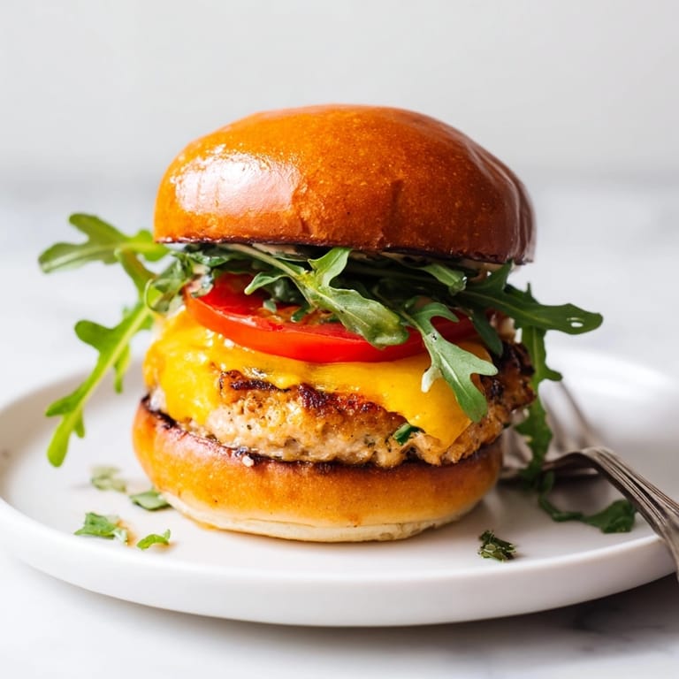 Close-up of delectable garlic butter turkey burger sliders with cheese, arugula, and tomato.