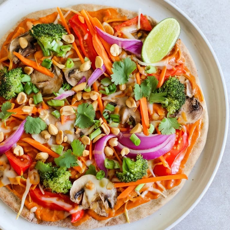 Savory Thai Curry Veggie Pita Pizzas ready to serve, featuring colorful vegetables and creamy sauce.