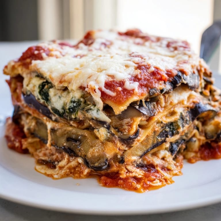 Scooping a warm serving of Cheesy Ricotta Eggplant Lasagna; cheesy, savory, vegetarian comfort food.