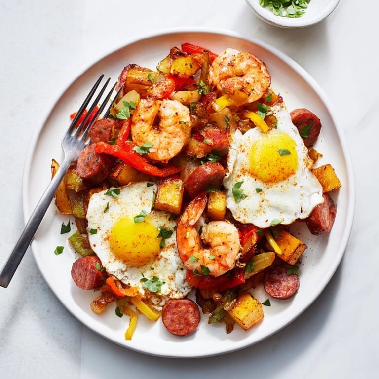 Close-up of a Shrimp Chorizo Breakfast Skillet, showcasing the vibrant dish with runny eggs.