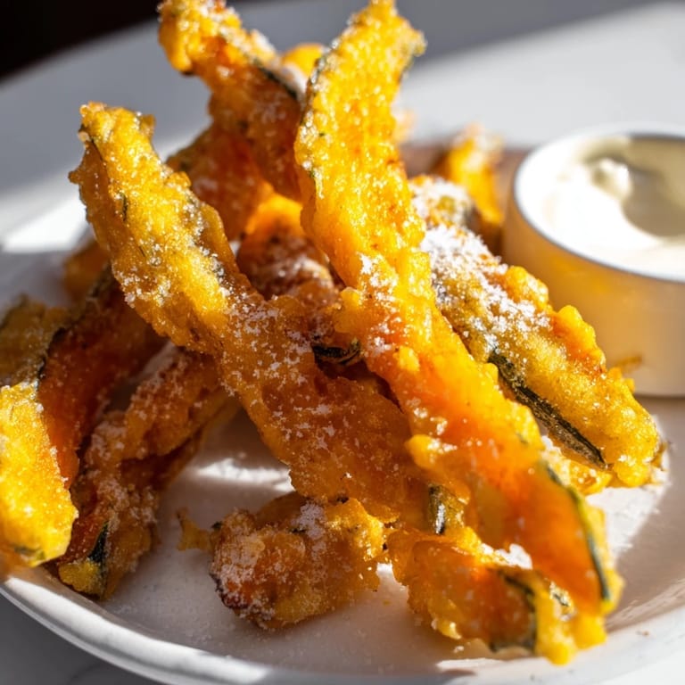 Light and crunchy tempura pumpkin fries garnished with sea salt, ideal for snacking.  