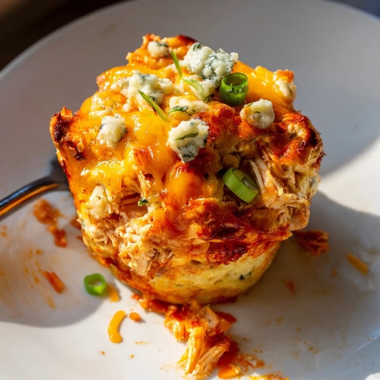 Savory Buffalo Chicken Cheddar Drop Muffins topped with green onions and blue cheese.