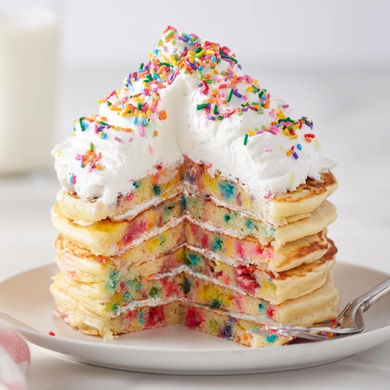 Delicious Silly Cake Funfetti Pancake Stack bursting with rainbow sprinkles and creamy topping.