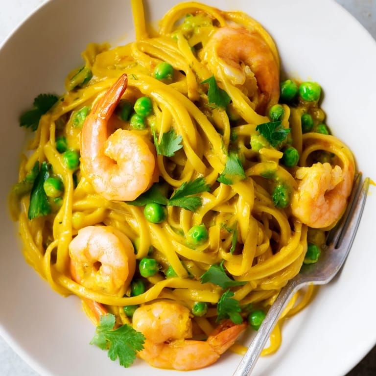 Deliciously creamy yellow curry shrimp pasta garnished with cilantro and zesty lime.  