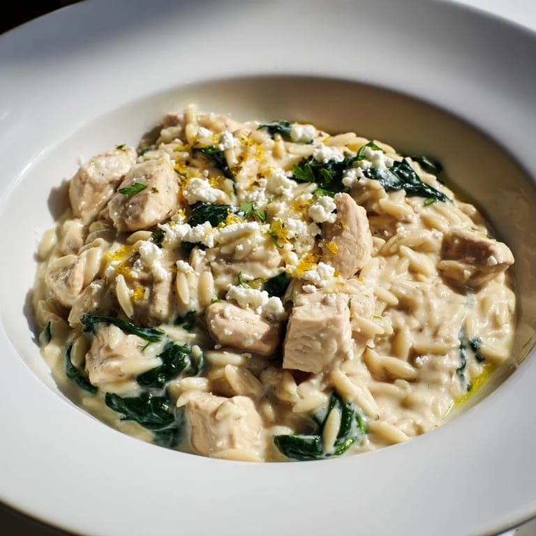 Savory orzo mixed with chicken, spinach, and tangy feta in a skillet.  