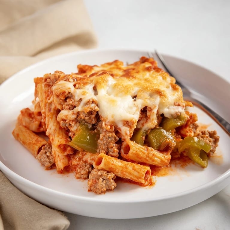 Savory Green Pepper Pork Pasta Bake topped with bubbly cheese and vibrant bell peppers.  
